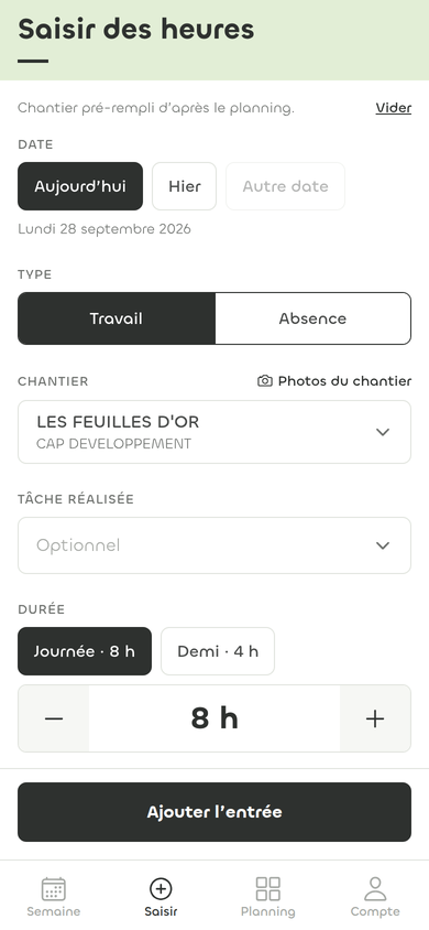 Saisie d'une journée sur le téléphone